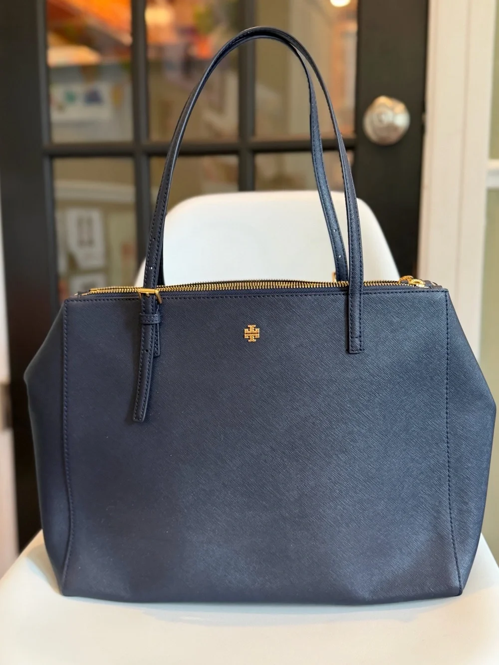 Tory Burch Emerson Double Zip Tote in Navy Saffiano Leather